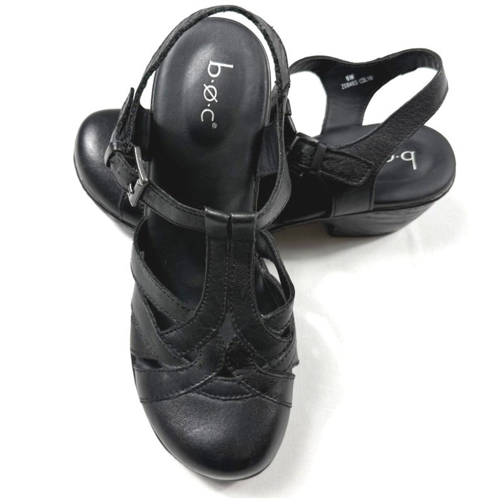 B.O.C. Born Concept Womens Black Leather T-Strap Wedge Sandals Z08403 Size 8M